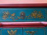 Oriental Red Blue Doors Golden Butterflies Fishes Graphic End Table Nightstand GB065S