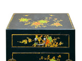 Chinese Black Vinyl Moon Face Flower Birds End Table Nightstand GB062S