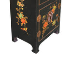 Chinese Black Vinyl Moon Face Flower Birds End Table Nightstand GB062S