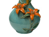 Turquoise Teal Bulbous Round Body Orange Dimensional Lily Flower Art Vase GB863S