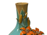 Turquoise Teal Bulbous Round Body Orange Dimensional Lily Flower Art Vase GB863S