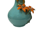 Turquoise Teal Bulbous Round Body Orange Dimensional Lily Flower Art Vase GB863S