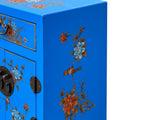 Chinese Bright Blue Vinyl Moon Face Flower Birds End Table Nightstand GB064S