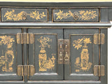 Chinese Black Brown Golden Graphic Low Sideboard Console Table Cabinet GB029S
