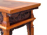 Vintage Two Brown Wood Tone Relief Carving Motif Oriental Console Altar Table GB050S
