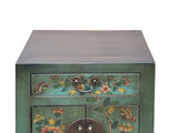 Oriental Distressed Teal Green Flowers Graphic End Table Nightstand GB067S