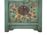 Oriental Distressed Teal Green Flowers Graphic End Table Nightstand GB067S
