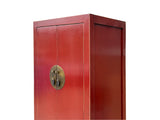 Oriental Slim Red Lacquer Moon Face Narrow Tall Storage Cabinet GB038S