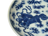 Chinese Blue White Foo Dog  Round Porcelain Goblet Offer Display Plate ws4575S