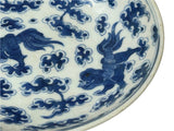 Chinese Blue White Foo Dog  Round Porcelain Goblet Offer Display Plate ws4575S