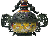 Chinese Metal Blue Yellow Enamel Cloisonne Ding Shape  Incense Burner Figure GB657S