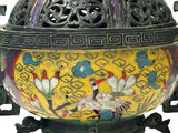 Chinese Metal Blue Yellow Enamel Cloisonne Ding Shape  Incense Burner Figure GB657S
