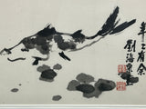 Oriental Thumb Ink Paint Koi Fishes Horizontal Wood Framed Art GB201S