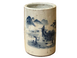 Chinese Distressed White Porcelain Blue Mountain Houses Graphic Holder Vase GB690S