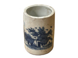 Chinese Distressed White Porcelain Blue Mountain Houses Graphic Holder Vase GB690S
