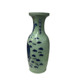 Pair Chinese Light Celadon Blue Kirin Graphic Tall Porcelain Art Vases GB597S