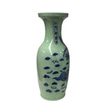 Pair Chinese Light Celadon Blue Kirin Graphic Tall Porcelain Art Vases GB597S
