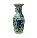 Pair Chinese Light Celadon Blue Kirin Graphic Tall Porcelain Art Vases GB597S