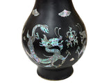 Vintage Metal Black Paint Mother Of Pearl Double Dragon Art Vase GB831S