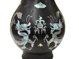 Vintage Metal Black Paint Mother Of Pearl Double Dragon Art Vase GB831S