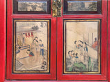 Vintage Oriental Red Beige People Scenery Graphic Storage Cabinet GB157S