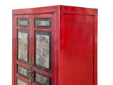 Vintage Oriental Red Beige People Scenery Graphic Storage Cabinet GB157S