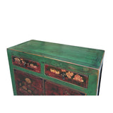 Vintage Distressed Rich Green Red Floral Graphic Credenza Sideboard Cabinet ws5001S