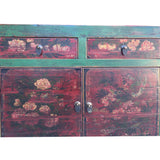 Vintage Distressed Rich Green Red Floral Graphic Credenza Sideboard Cabinet ws5001S
