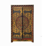 Hand-Painted Tibetan Dragon and Floral Graphic Tall Armoire Cabinet - Heavy Solid Wood 2-Door Wardrobe with Ample Storage for Any Room Display cs7683S