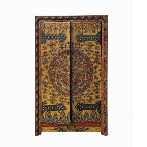 Hand-Painted Tibetan Dragon and Floral Graphic Tall Armoire Cabinet - Heavy Solid Wood 2-Door Wardrobe with Ample Storage for Any Room Display cs7683S