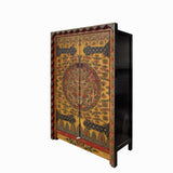 Hand-Painted Tibetan Dragon and Floral Graphic Tall Armoire Cabinet - Heavy Solid Wood 2-Door Wardrobe with Ample Storage for Any Room Display cs7683S