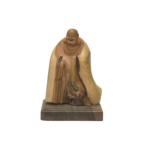 8.5" Chinese Cypress Wood Carved Irregular Shape Happy Buddha Statue ws4221S