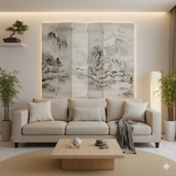 Off White Base Oriental Mountain Trees Scenery Theme Graphic Screen cs5985S