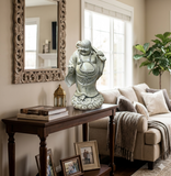 Oriental White Standing Happy Laughing Buddha Ru Yi Bat Porcelain Figure GB020S