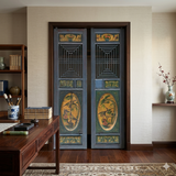 Pair Vintage Chinese Teal Blue Yellow Fujian Style Graphic Wood Wall Door Panels cs7836S