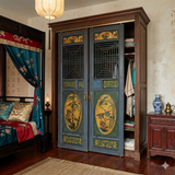 Pair Vintage Chinese Teal Blue Yellow Fujian Style Graphic Wood Wall Door Panels cs7836S