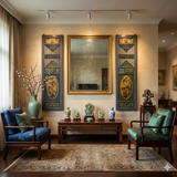 Pair Vintage Chinese Teal Blue Yellow Fujian Style Graphic Wood Wall Door Panels cs7836S
