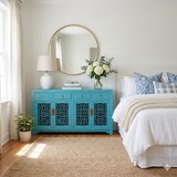 Asian Pastel Blue Shutter Doors Hardware Sideboard Credenza Console Handmade Solid Wood Cabinet cs7522S