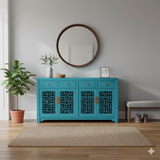 Asian Pastel Blue Shutter Doors Hardware Sideboard Credenza Console Handmade Solid Wood Cabinet cs7522S