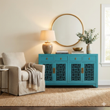 Asian Pastel Blue Shutter Doors Hardware Sideboard Credenza Console Handmade Solid Wood Cabinet cs7522S