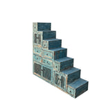 Distressed Pastel Blue Triangle Step Tansu Storage Cabinet Display Room Divider ws4357S