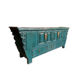 Oriental Distressed Rustic Teal Blue Low TV Console Table Cabinet ws3763S