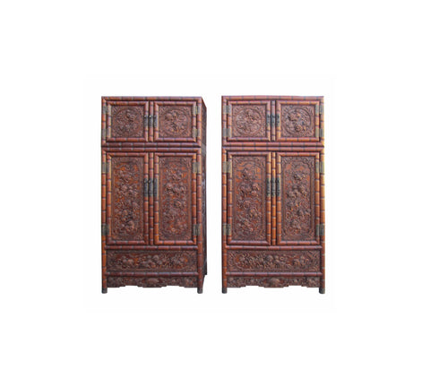 Pair Chinese Rosewood Relief Foo Dog Carving Compound Cabinets sdc01S