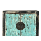 Distressed Aqua Blue Black Rim Marks Moon Face Credenza Side Cabinet ws4397S