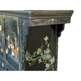 Vintage Chinoiseries Black & Stone Inlay Graphic Credenza Storage Cabinet ws4256S