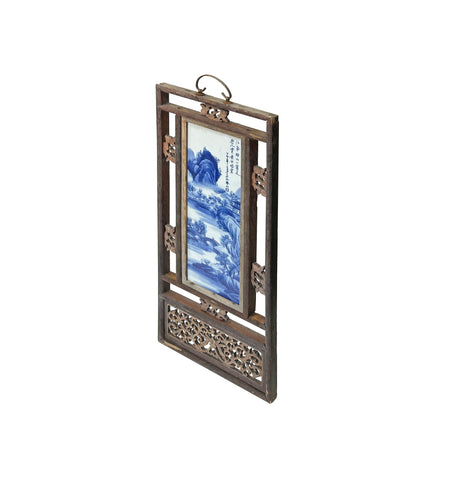 Vintage Chinese Wood Frame Porcelain Scenery Plaque Panel GB107S