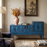 Vintage Chinese Distressed Bright Blue Drawers Foyer Narrow Side Table cs7743S