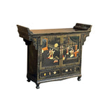 Vintage Chinoiseries Black & Stone Inlay Graphic Credenza Storage Cabinet ws4256S