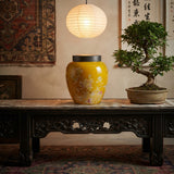 Bright Yellow White Floral Peonies Butterflies Bulbous Porcelain Metal Lid Jar GB816S