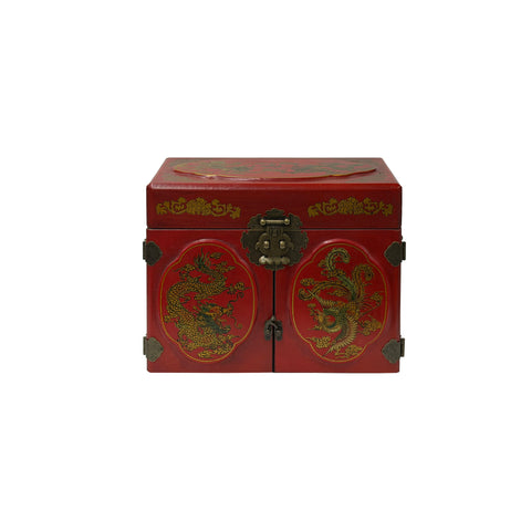 Chinese Oriental Red Dragon Phoenix Mirror Rectangular Jewelry Box GB783S